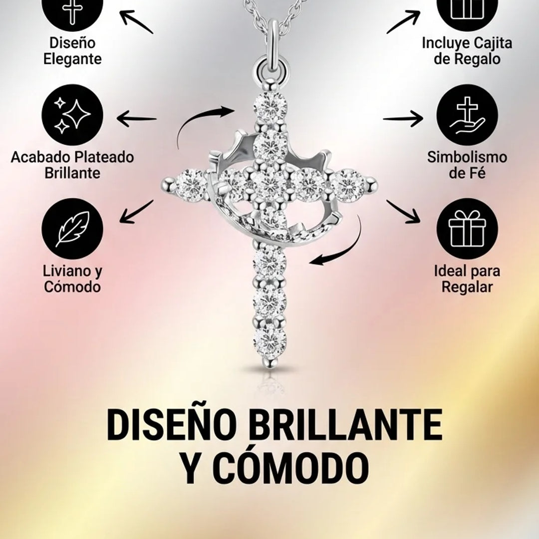 Collar cruz corona plateada