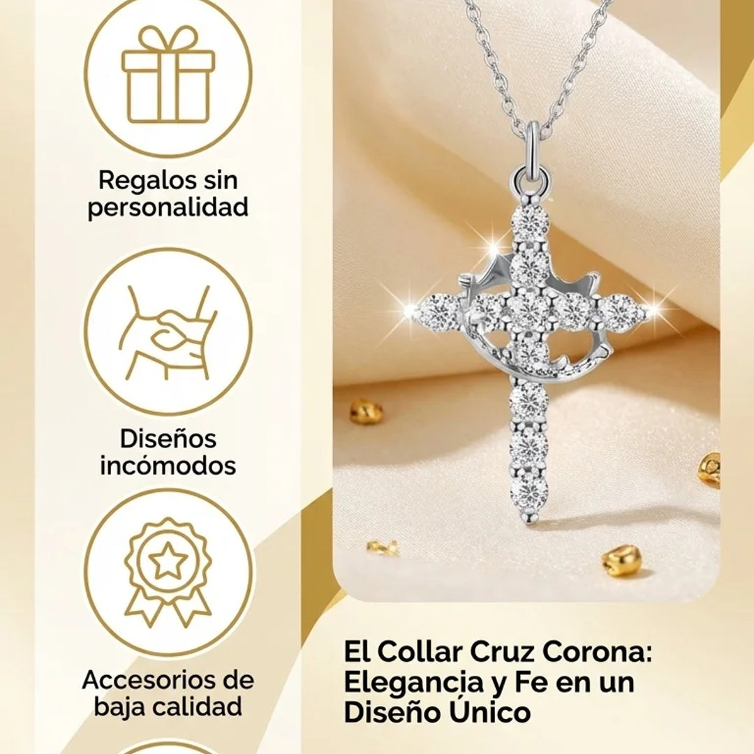 Collar cruz corona plateada